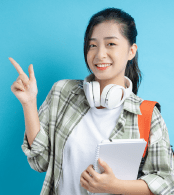 Young woman with headphones and notebook linking to Social Learning Instructional Design Theory infographic